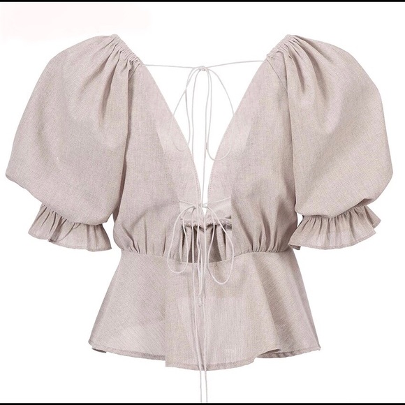 Top T-Shirt puff sleeve peplum khaki linen cotton linen - Picture 3 of 8